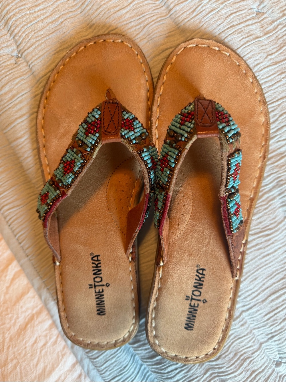 Minnetonka Brown Leather Beaded Thong Sandals with Turquoise and Red Accents